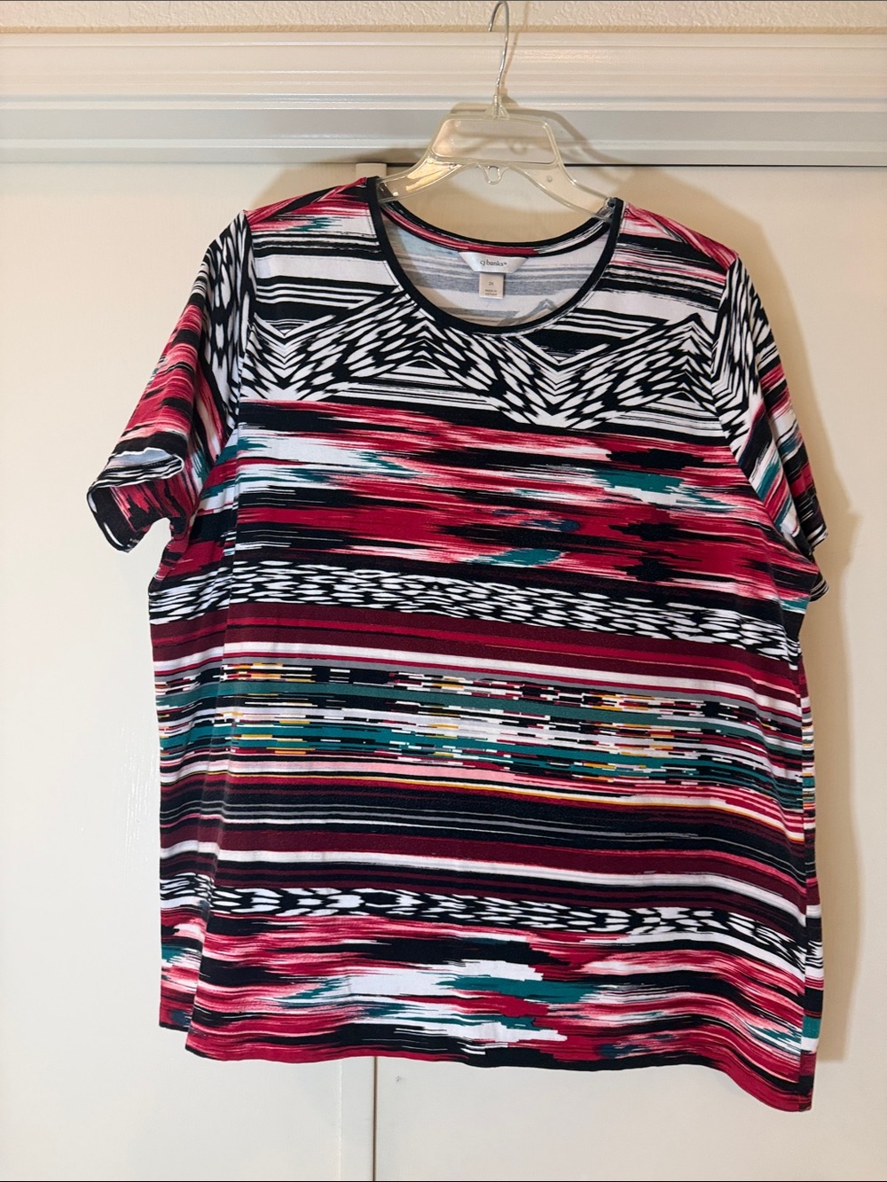 CJ Banks Short-Sleeve Crewneck Top in Pink, Black & Teal Multi-Stripe